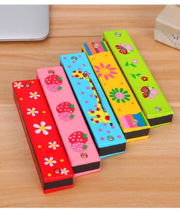blue, pink, red, yellow and green harmonicas