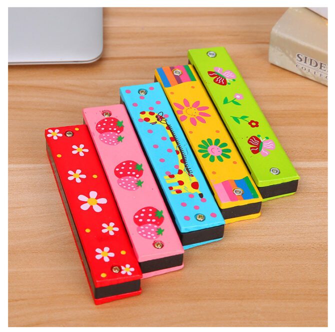 blue, pink, red, yellow and green harmonicas