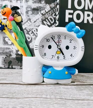 blue alarm clock pen holder