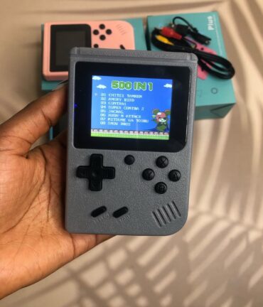 grey handheld retro game console with 500 classic games