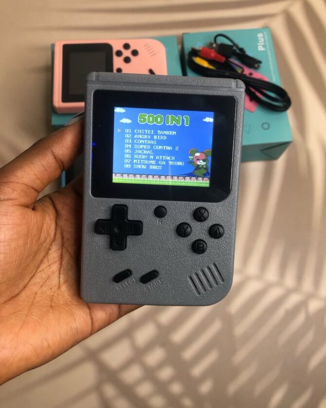 grey handheld retro game console with 500 classic games